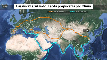 La Nueva Ruta  de la Seda. Por tierra, las alternativas del Cinturón Económico de la Ruta de  la Seda. Por agua, la Ruta Marítima de la Seda del Siglo XXI. Los trayectos son  estimados, ya que la propuesta del OBOR es de alcance mundial.