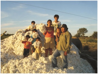 Fotografía de una cosecha de algodón.
Mártires López junto a su familia. Campo Medina, 2004