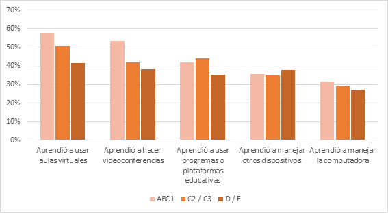 Desarrollo de
habilidades digitales (selección) durante la pandemia según nivel
socioeconómico.