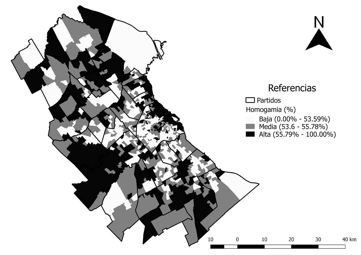 Proporción de hogares con homogamia educativa (en porcentajes).  Fracciones censales del Área Metropolitana de Buenos Aires, 2010.