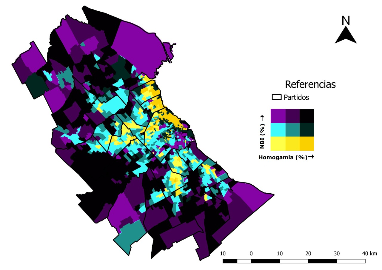 Terciles de hogares con homogamia educativa según terciles de  proporción de hogares con necesidades básicas insatisfechas (en  porcentajes). Fracciones censales del Área Metropolitana de Buenos  Aires, 2010.