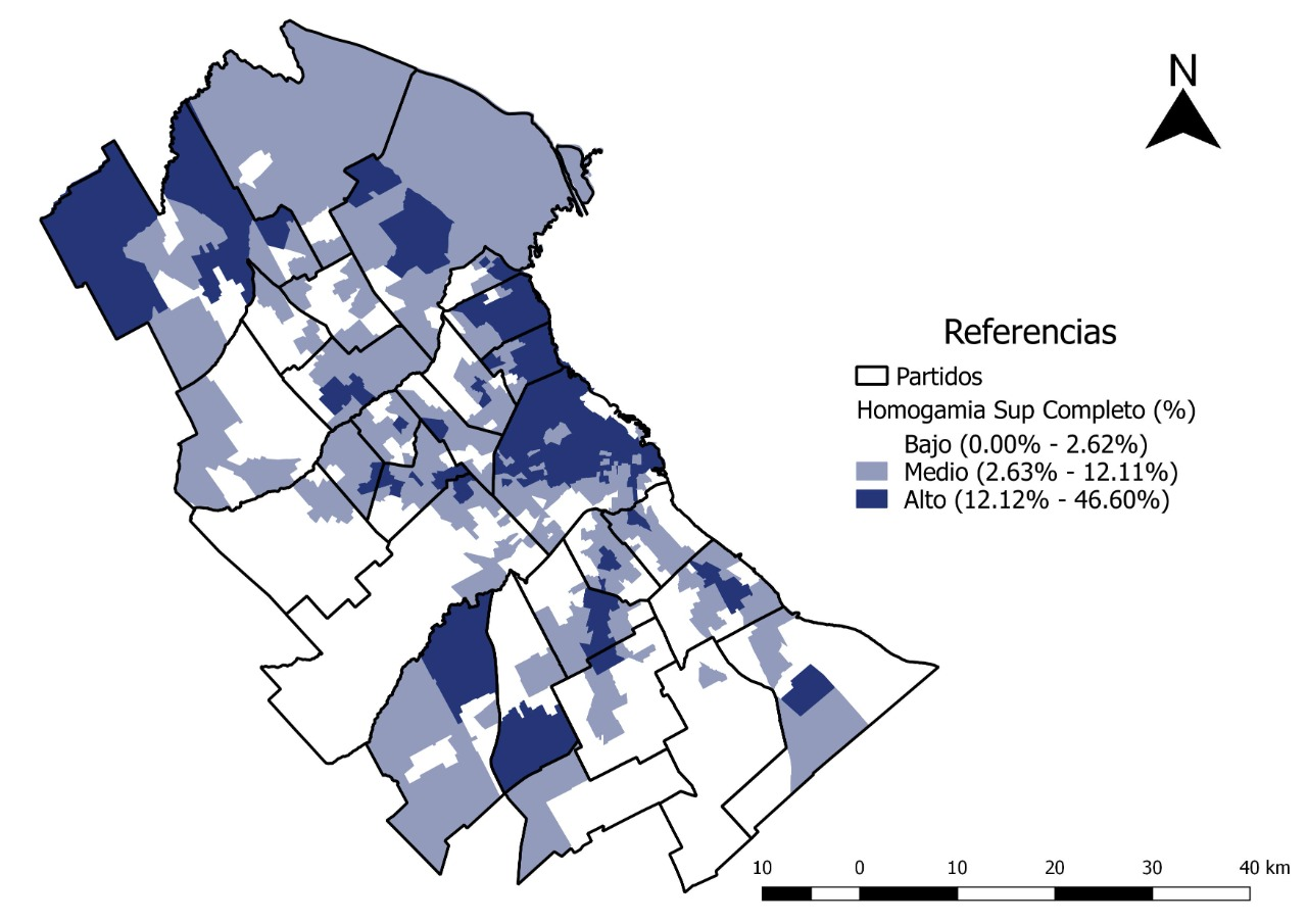 Terciles de hogares con homogamia educativa superior completo (en  porcentajes). Fracciones censales del Área Metropolitana de Buenos  Aires, 2010.